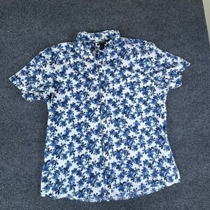 Marc Anthony Luxury Shirt Mens 2XL White Blue Floral Cotton Slim Fit Button Up